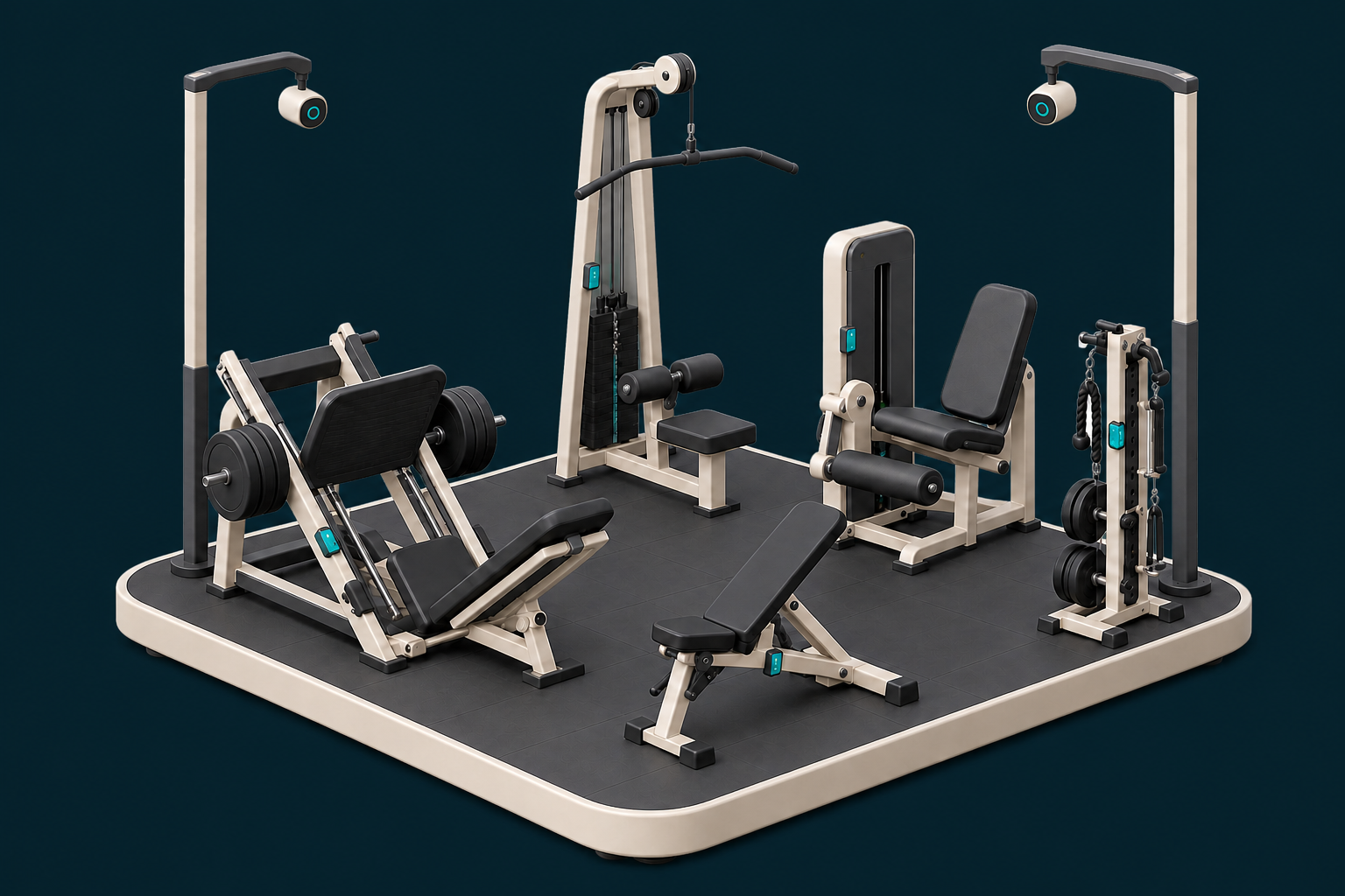 Nova maquete clay de academia com equipamentos conectados, sensores e duas câmeras de visão computacional em estruturas independentes